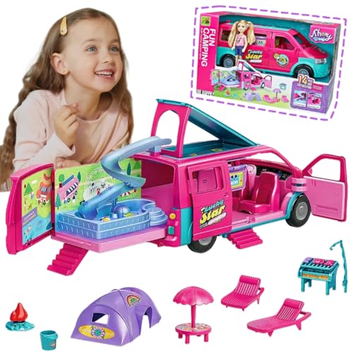 TMATCHQJOY Doll Camper Van Playset for Girls,Portable Pretend Doll Car Set for Kid,Colorful Camper Vehicle RV Van with Furniture, Pool & Accessories,Outdoor Transformable Vehicles, Toddler Toys 3+