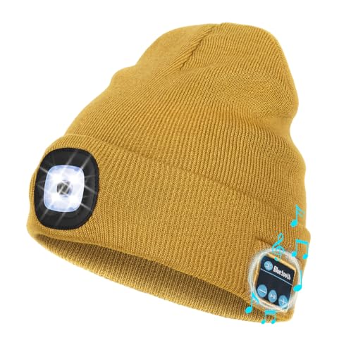 Image of Wmcaps Bluetooth Beanie with a Light, Unisex USB Rechargeable 4 LED Fashlight Hat with Cordless Headphones, Unique Christmas Birthday Gifts for Men Him Husband Teen Khaki