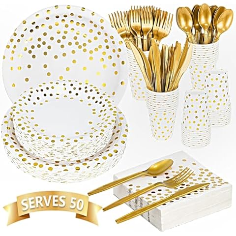 350PCS Party Supplies Plates Set - Disposable Gold Dinnerware, Include 50 Paper Plates, 50 Dessert Plates, 50 Silverware, 50 9oz Cups, 50 Napkins for 50 Guests, Heavy Duty Utensils for Party, Wedding Cover