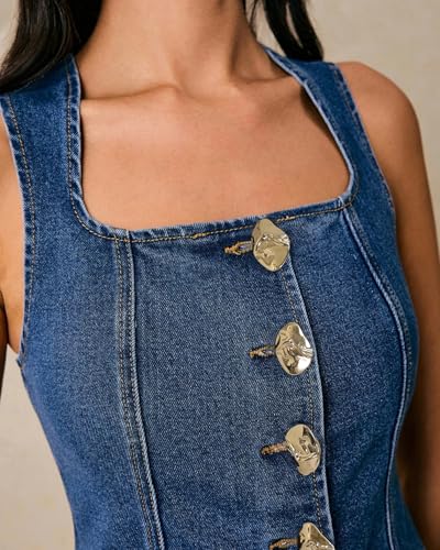 Women's Metal Button Front Denim Tank Top Sleeveless Square Neck Slim Fit Jean Vest3