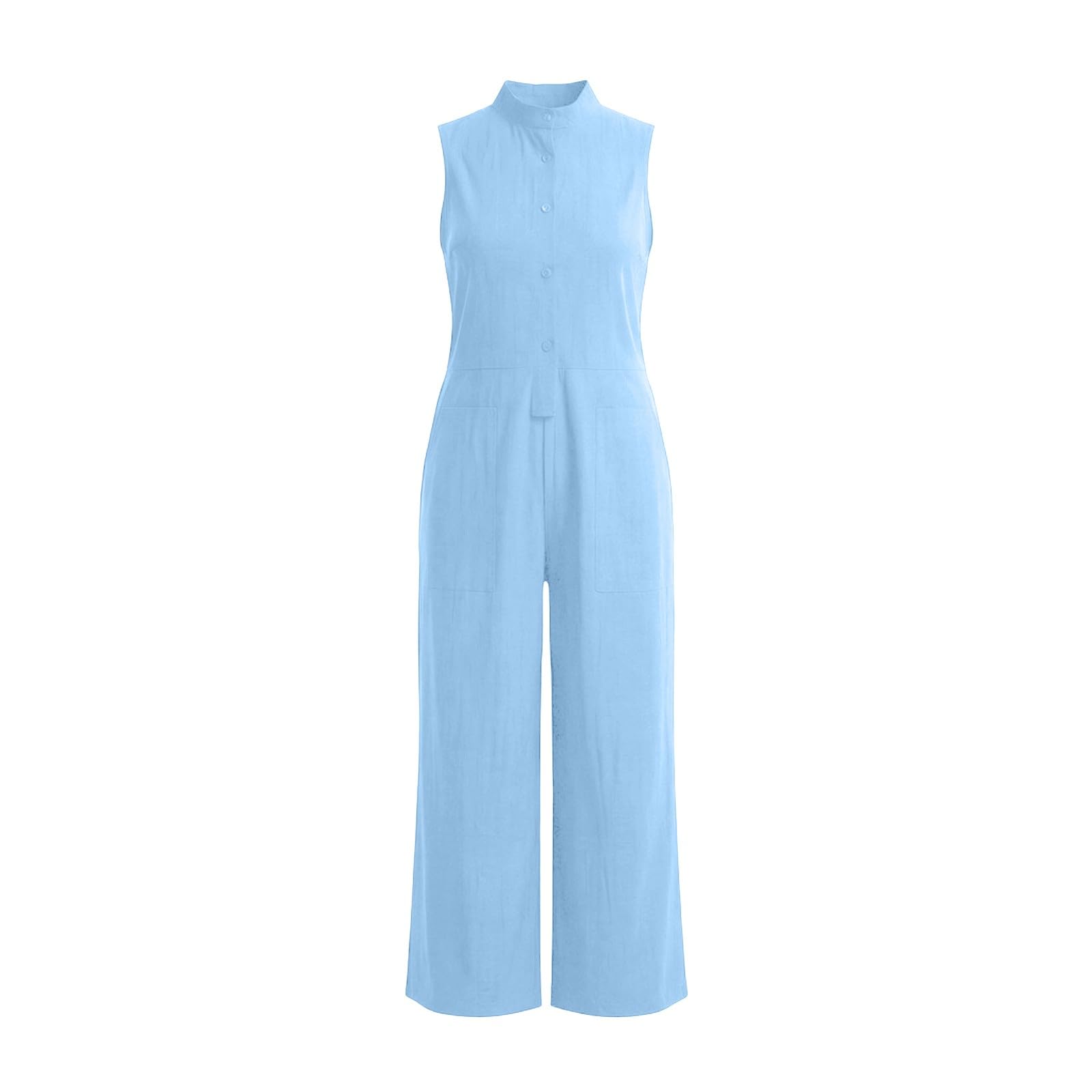 Generisch Tuta da donna con pantaloni, per il tempo libero, senza maniche, con colletto alto, gamba larga, abbottonatura, tinta unita, casual, estiva, leggera e confortevole, per spiaggia e vacanze