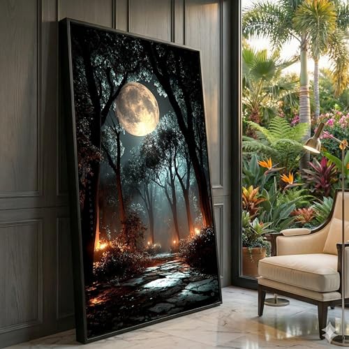 Toile pleine lune et chemin forestier 70x110 cm pour une décoration murale mystique