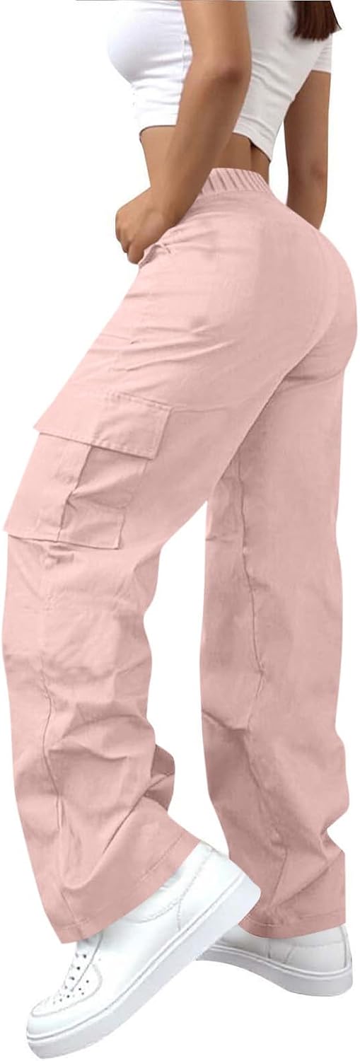 IEPOFG Womens Cargo Pants Trendy Elastic Waist Hiking Pant Athletic Straight Leg Trouser High Waisted Pant with Multi-Pockets