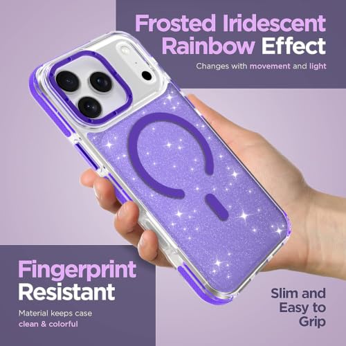 Image of Magnetic Case for iPhone 17 Pro Max [Compatible with Magsafe] [Bling Glitter Fluorescent Design] [1 Screen Protector] Slim Translucent Matte Case for iPhone 17 Pro Max 6.9 inch 2025, Purple