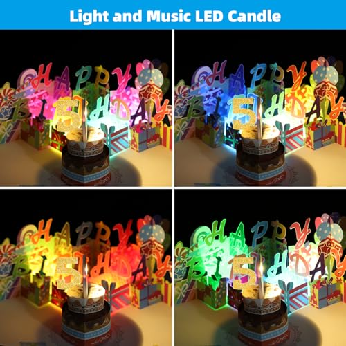 image for Gumry 5TH Musical Birthday PopUp Card, Blowable Colorful Light Candle 