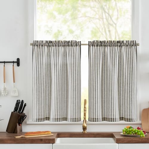 TOPICK Tende a righe in lino con strisce, opache, per cucina, sala da pranzo, bagno, piccola finestra, 65 x 60 cm, colore nero su beige