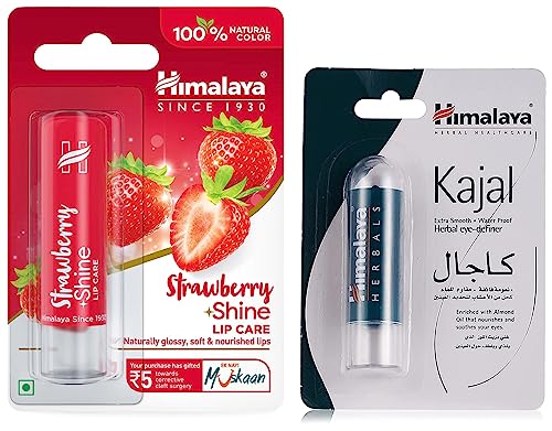 Image of Himalaya Herbals Strawberry Shine Lip Care, 4.5g & Himalaya Herbals Kajal, Black, 2.7g (Packaging may Vary)