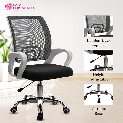 Image of Casa Copenhagen Mesh Mid Back Office /Study /Computer /Revolving /Desk Chair for Work from Home -Metal Base, Height Adjustable Seat - Black & White Handle