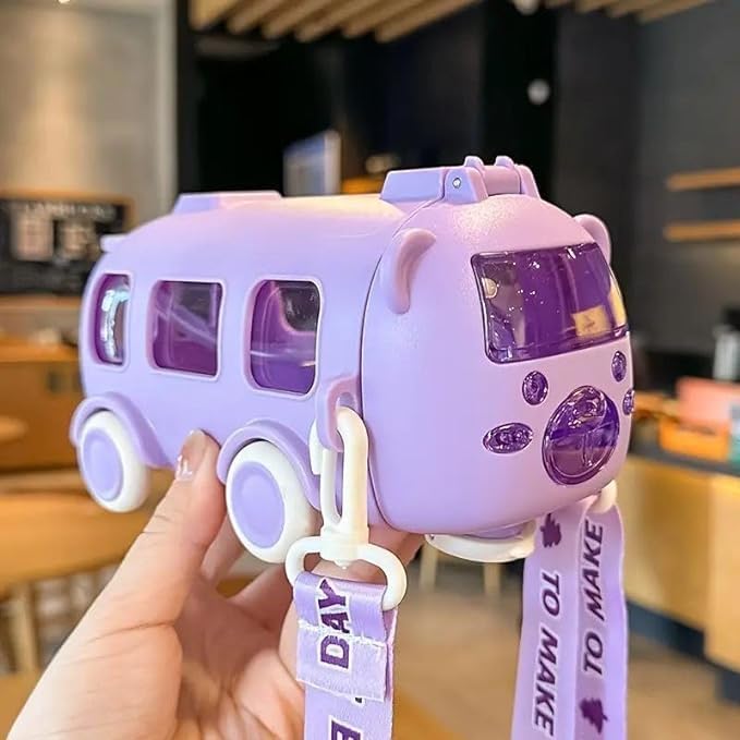 Image of ABS Bus Water Bottle For Kids With Strap, Sipper, & Straw|Leakproof, Bpa Free With Sipper and Lock, 500 Ml| Car Water Bottle For Kids|Cute Bus Shaped Water Bottle For Kids (PURPLE)