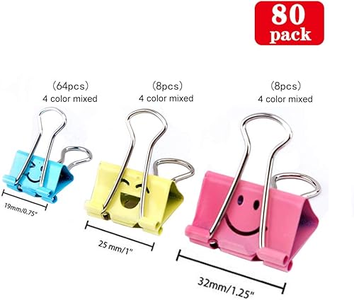 Miniatura 2 de Paquete de 80 clips para carpeta, clips de papel de Limque con cara sonriente hueca de colores, 80 clips de varios tamaños, para oficina, regalos