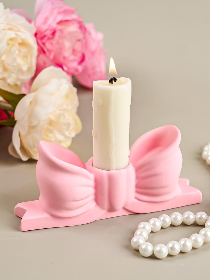 Ceramic Bow-Shaped Candle Holder, Pink, Decorative Table Decor, Pack of 1-image-40