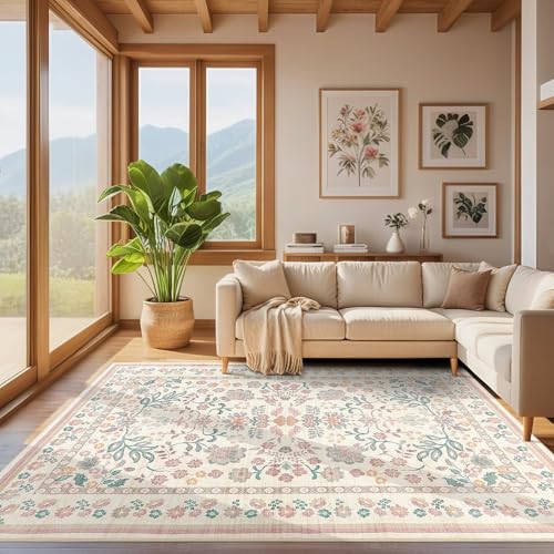 9x12 Area Rug Living Room Rugs - Washable Boho Vintage Floral Large Soft Non Slip Thin Rug Low Pile Carpet for Bedroom Dining Room Kids Playroom Office Decor Indoor - Pink
