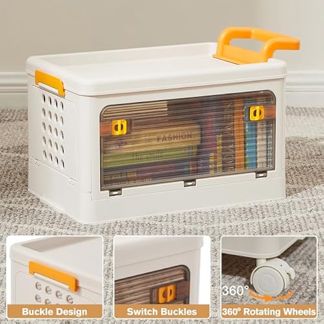 44 Qt Foldable Stackable Heavy Duty Storage Bins with Lids & Doors, 3 Tier Storage Organizer Bins, Storage Box, Storage Containers for Bedroom, Living Room, Study Office Organization and Storage