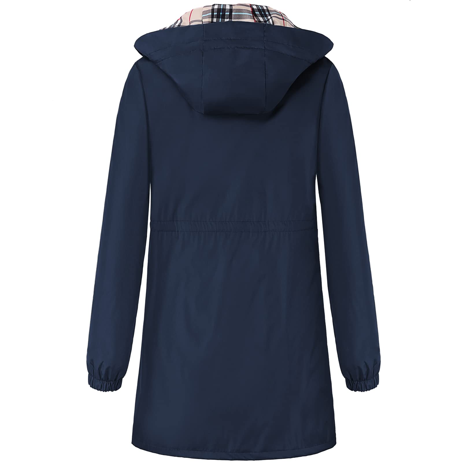 Abrigo de lluvia para mujer, impermeable, con capucha, ligero, chaqueta de lluvia para mujer al aire libre, trinchera, cortavientos largos, Azul / Patchwork, XXL