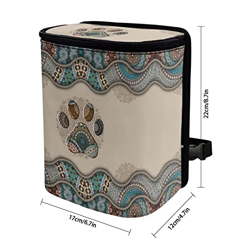 Image of Talayituse Boho Paws Print Car Trash Can with Lid, Leak Proof Auto Trash Bag Hanging Vehicle Garbage Can Multipurpose Storage Container for Back Seat Road Trip