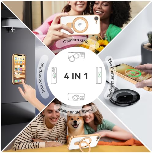 Image of GUAGUA for iPhone 16e Case with Stand, Magnetic Clear iPhone 16e Cases Plating Edge Invisible Ring Holder Slim Shockproof Protective Kickstand Phone Cover for Phone 16e 6.1 inch, Gold