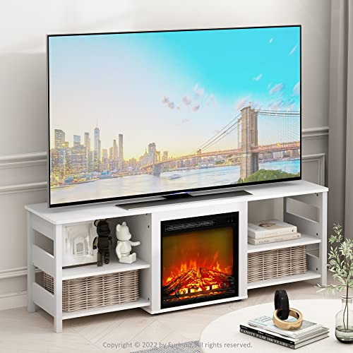 Image of Furinno Classic 70 Inch TV Stand with Fireplace, White Emboss