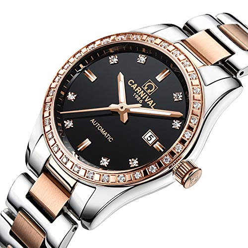Image of Women's Diamond Automatic Mechanical Rose Gold Stainless Steel Sapphire Waterproof Lady's Elegant Blue Watch