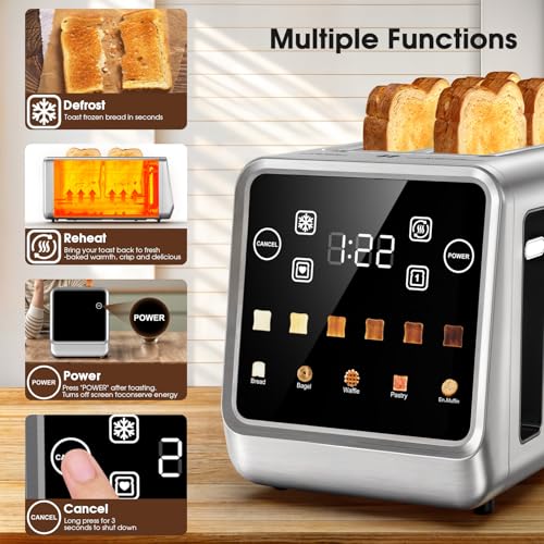 Image of Toaster 4 Slice Long Slot with Digital Touchscreen & 1-Touch Memory for Family | Stainless Steel for Bagels & Artisan Bread | Defrost Reheat & Single-Slice Modes