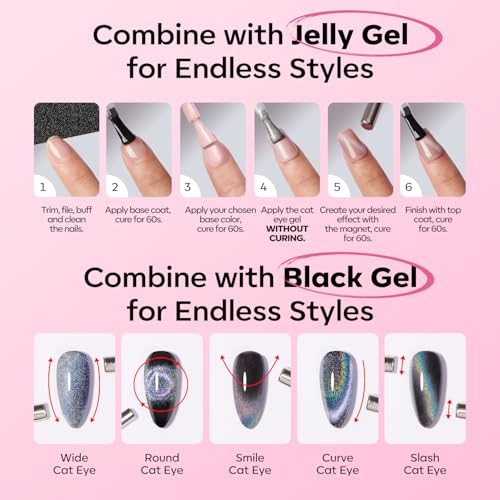 Image of modelones Pink Cat Eye Gel Polish Slik Glitter Holographic Jelly Glass Cat Eye Light Rose Shimmer Reflective Translucent U v Gel Magnetic Valentine Nail Polish 15 ML