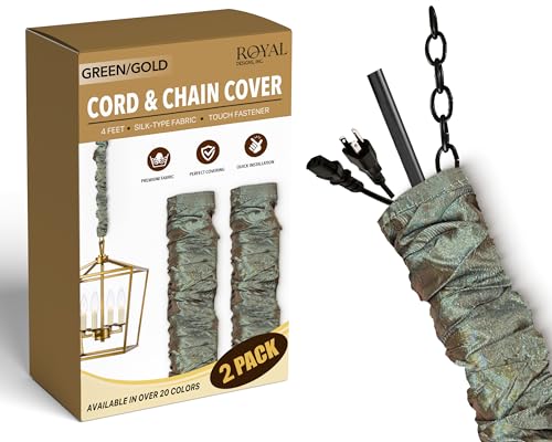 Royal Designs, Inc. Cord & Chain Cover 4 ft Silk Type Fabric, Chandelier Pendant Lighting Chain & Cable Management, Touch Fastener, Green Gold - 1 Pack