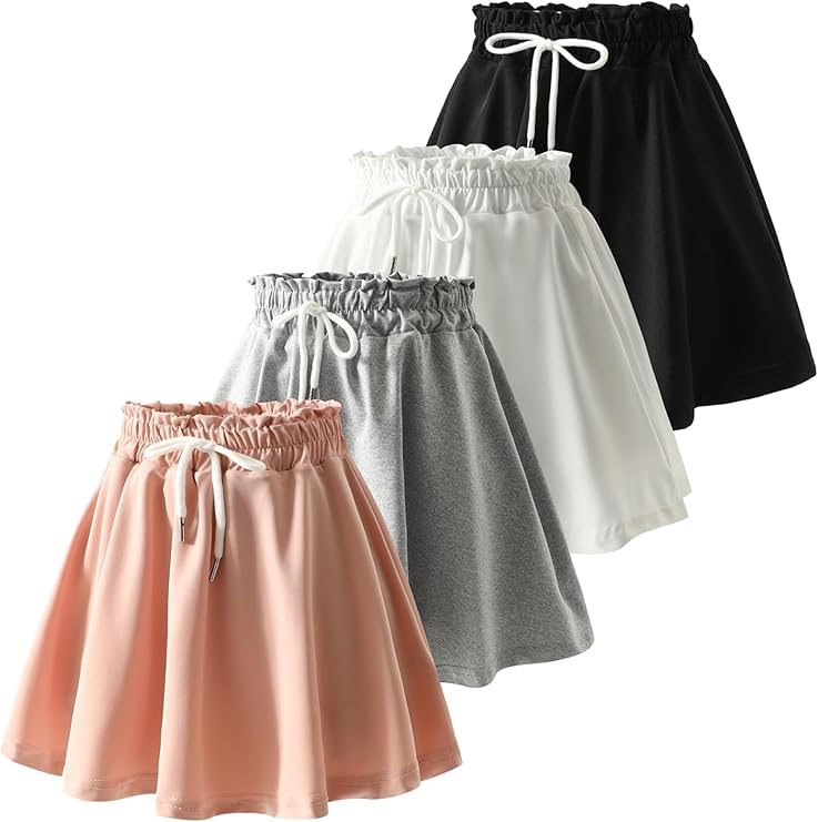 Fdqin 4 Pack Girls Athletic Skirt Elastic Flared Plain Active Flowy Skirts Kids Skirts with Shorts Pink Gray White Black 11-12 Years