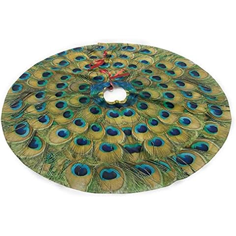 Juhucc Peacock Feathers Circle Christmas Tree Skirt 36 in for Christmas Decorations Skirt Rustic Xmas Holiday New Year Party Tree Mat Decor Indoor Outdoor Christmas Tree Mats Cover