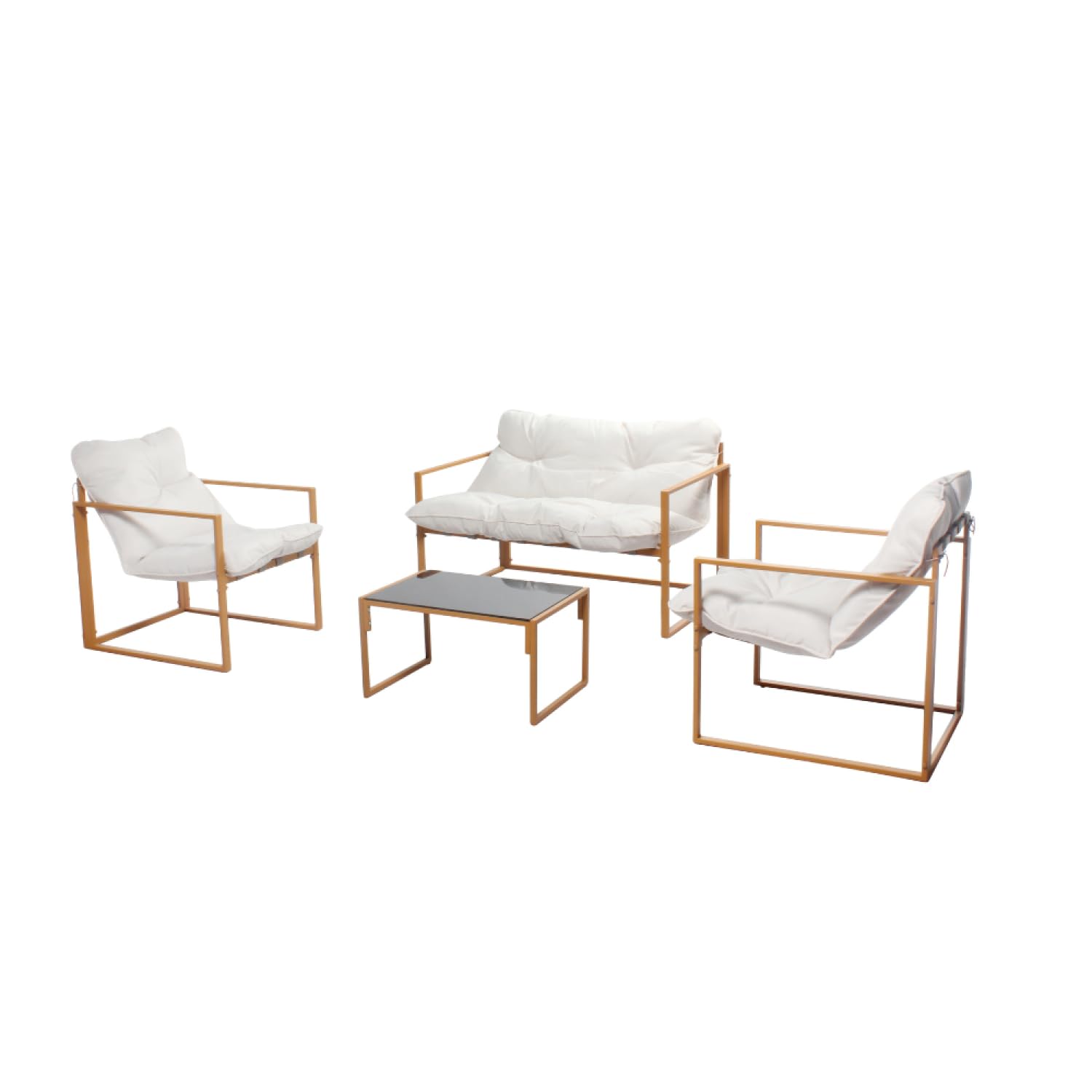CONCEPT USINE | Salon de Jardin Bas 4 Places Effet Bois | Design Rabat Marron | Ensemble : 1 Canapé + 2 Fauteuils + 1 Table Basse | Acier + Verre Trempé | Robuste & Confortable | 3 Coussins Inclus