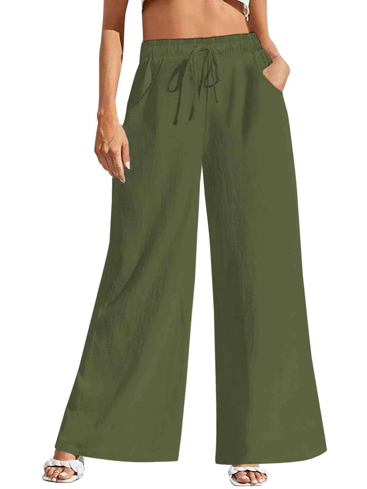 Fancysters Women Wide Leg Linen Pants, High Waisted Summer Casual Cotton Linen Palazzo Pants with Pockets