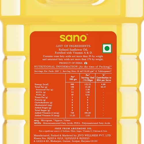 Image of sano Sunflower Oil 5 Ltr Pet Bottle Pure, Nutrient Rich Cooking Oil with High Smoke Point Ideal for Frying, Sauteing, and Baking All type of Cuisines|