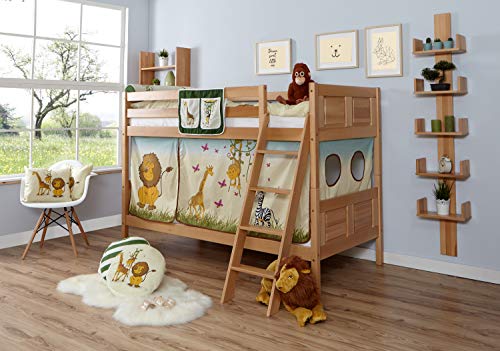 TiCAA Etagenbett, Kinderbett Stockbett für Kinder mit Treppe & Vorhangstoff Zwei Liegeflächen aus Buche Natur Massivholz Bettgestell 90 x 200