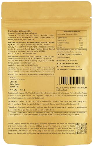 CARMEL ORGANICS Shatavari Root Whole 200 Grams (Pack of 1)| Jaivik Bharat Certified | Asparagus Racemosus | Satavari Kizhangu/Chittamoothi | Non GMO | No Added Preservatives &... - Image 2
