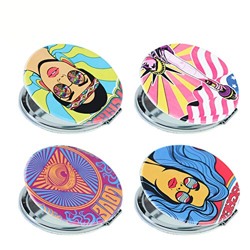 QIELIZI PU Metal Compact Mirror (Set of 4),Pocket-size Travel Beauty Makeup Mirror 2-sided with 3X Magnifying Mirror and 1X Mirror, Best Gifts - Perfect for Purses,Pack of 4(Vintage)