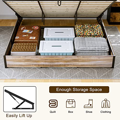 Ikifly King Size Lift Up Storage Bed - Metal King Platform Bed Frame With 2-Tier Storage Shelf Headboard & Charging Station, Solid Wood Slats, No Box Spring Needed/Easy Assembly - Wood Brown #TOP5