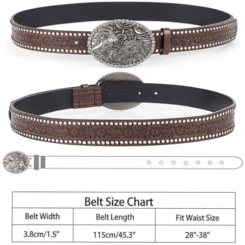 UTOWO Women Western-Cowboy-Belt with Diamond Flower-Buckle Rhinestone Cowgirl Belt Carved Pattern PU-Leather Belt for Jeans3