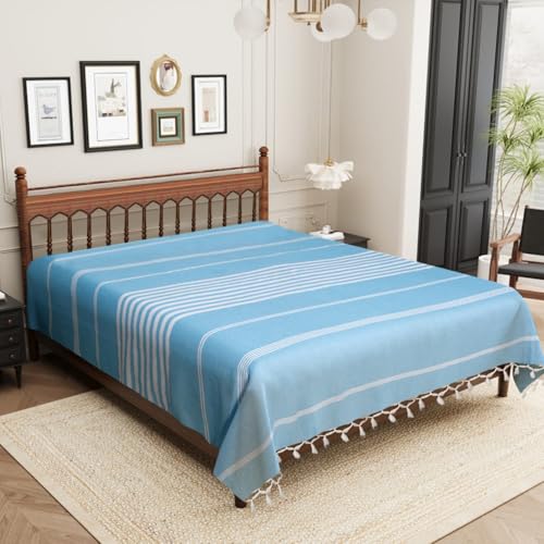 Image of Handmade Double Bedsheet 210 TC | Without Pillow Cover | Handloom Cotton Bedsheets for Double Bed | Double Bedsheet for Summer (Size 90X100 Inches, 7.5 x 8.3 Feet (Smalt Blue, Double Bed)
