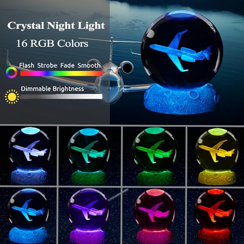 Image of Planes Night Light, Aviation Gifts, 3D Crystal Ball 3.15 Inch (80mm) Airplane Night Light with Remote, Pilot Lamps with 16 Color for Birthday Xmas Cool Figurines Gifts for Room Decor Boys Girls