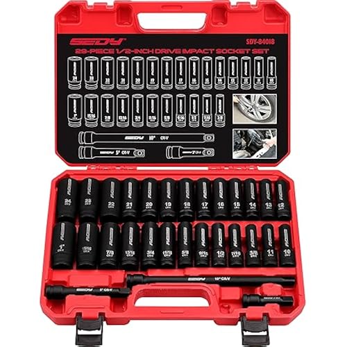 29-Piece 1/2" Drive Impact Socket Set, SAE (3/8 to 1 inch) and Metric (10-24mm) Sizes with Extension Bars Standard Deep Socket Set CR-V Material High Durability Impact Wrench