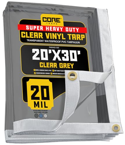 Core Tarps 20 Mil Extreme Heavy Duty Clear Tarp with Grommets - 20x30ft Super Clear Tarps Heavy Duty Waterproof Vinyl Tarpaulin, Transparent Tarp for Outdoor, Camping & Construction, Clear Grey
