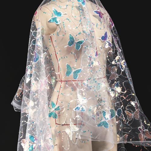 Enchanting Butterfly Sequin Fabric - Sparkling White Tulle Mesh for Creative DIY Crafts and Fashion Sewing Projects (2 Yards)