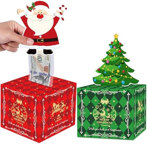2 Pack Christmas Money Box for Cash Gift Pull, Surprise Money Holder for Kids Adults with 100Pcs Transparent Bags - Fun Ways to Give Cash As A Gift for Your Loved Ones