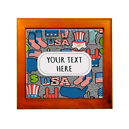 Ceramic Tile in Wood Frame Custom American Symbols 1 Pattern Grey Red Adults
