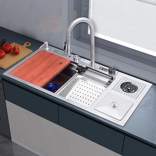 Image of Plantex 304 Grade Stainless Steel Smart Waterfall Sink /Kitchen Sink with Integrated Waterfall, Cupwasher, Dustbin and Digital Display - All in One Sink for Kitchen (38x18x9 Inch - Silver Matt)