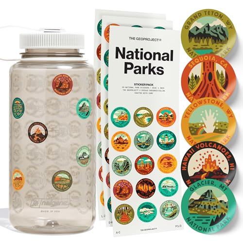 THE GEOPROJECT National Parks Plastic Water Bottle with Waterproof Stickers Kit, Light Weight and Wide Mouth Lid 32oz (Tan + Sunshine Sticker Pack)