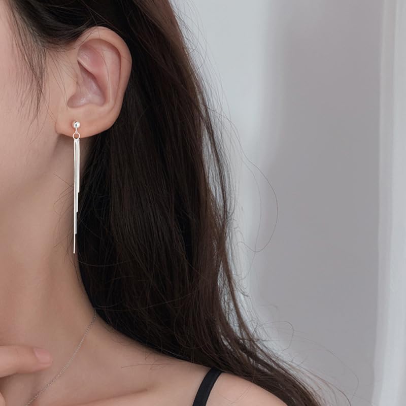 925 Sterling Silver Long Gold Dangle Earrings for Women, Tassel Threader Earrings, Elegant Sparkly Chandelier Drop Earrings, Dainty Dang - Image 3