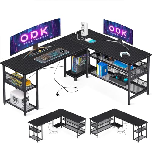 ODK Gaming Tisch, 168×120cm Reversibel Gaming Schreibtisch mit 2 Steckdosen und 2 USB Ladeanschluss, Eckschreibtisch mit Maximale Organisation & Stauraum, Kohlefaser Schwarz