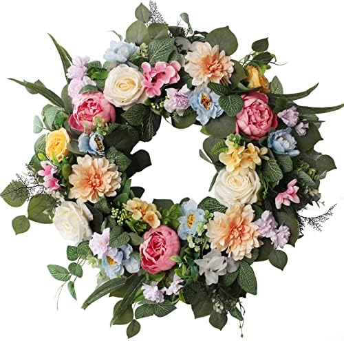 24 Inch Spring Summer Wreaths for Front Door, Spring Door Wreaths,Floral Wreath with Hydrangea Peony Wreath,Artificial Eucalyptus Green Leaves Farmhouse Wreaths for Outside Home Decor (Multicolor)