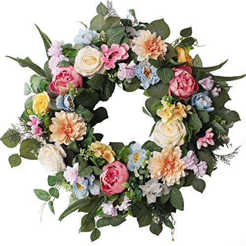 24 Inch Spring Summer Wreaths For Front Door, Spring Door Wreaths,Floral Wreath With Hydrangea Peony Wreath,Artificial Eucalyptus Green Leaves Farmhouse Wreaths For Outside Home Decor (Multicolor) #TOP7