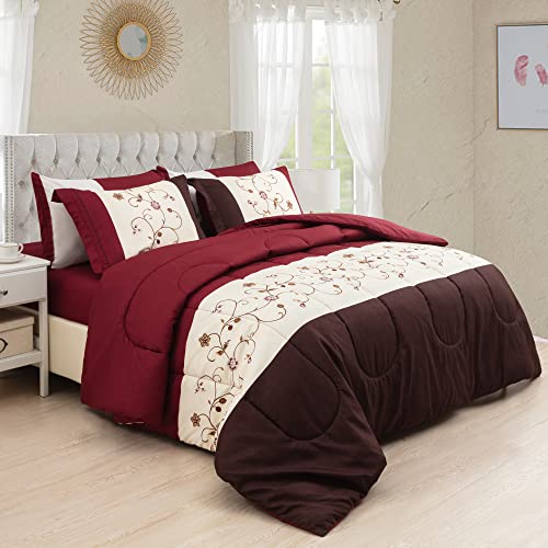Marina Decoration Ultra Soft Luxury Fluffy Goose Down Alternative Bed In A Bag Rich Printed 7 Piece Comforter Set Includes 4 Piece Sheet Set, Modern Burgundy Cosmos Floral Pattern Queen Size #TOP18