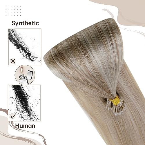Easyouth Nano Human Hair Extensions Highlight Nano Beads Hair Extensions Human Hair Light Brown Mixed Platinum Blonde Nano Ring Hair Extensions Real Hair Pre Bonded For Volume 14Inch 50g/50s #P8/60 - Image 4